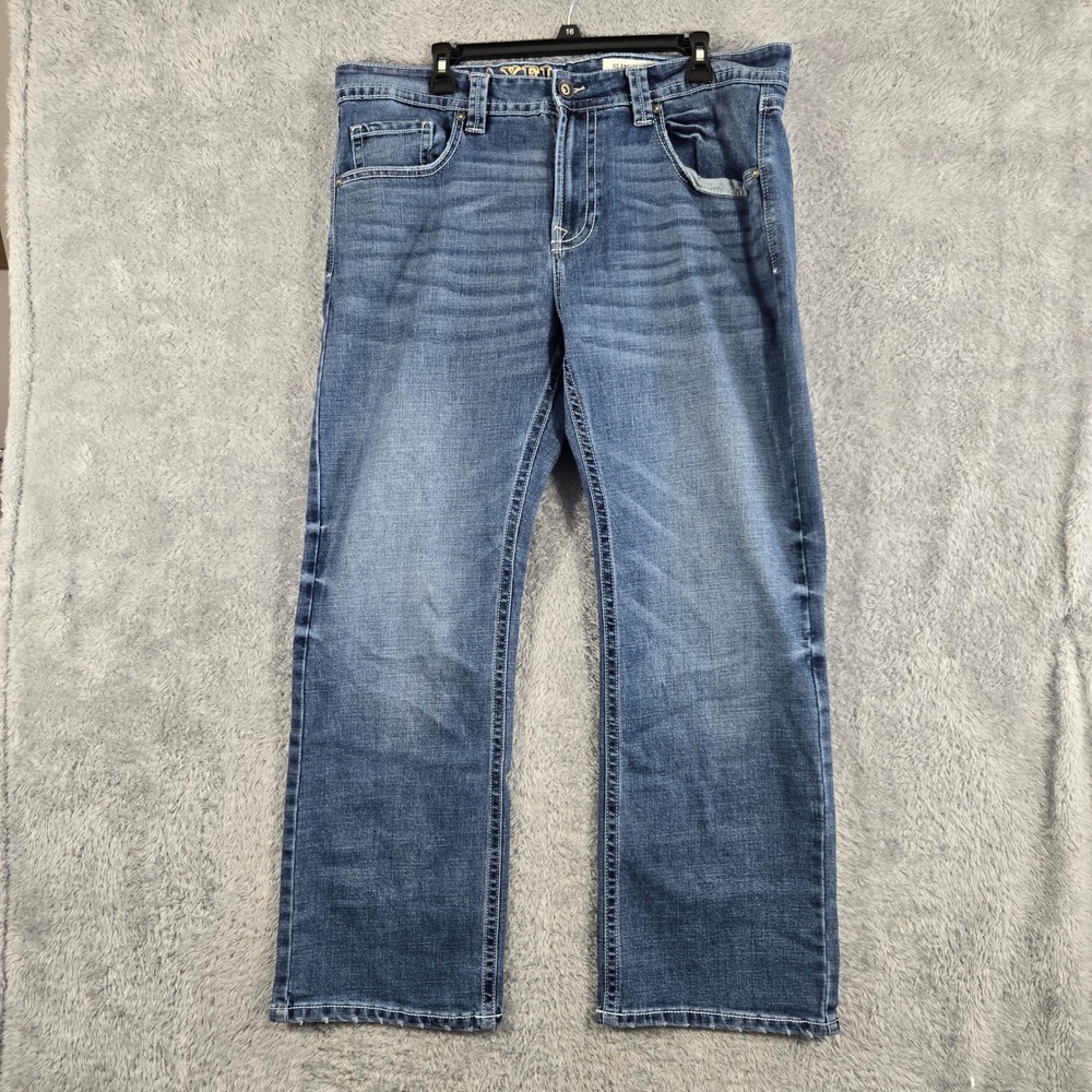 TK Axel Mens Slim Bootcut Jeans Medium Wash Blue Denim Embroidered Pockets 36x30